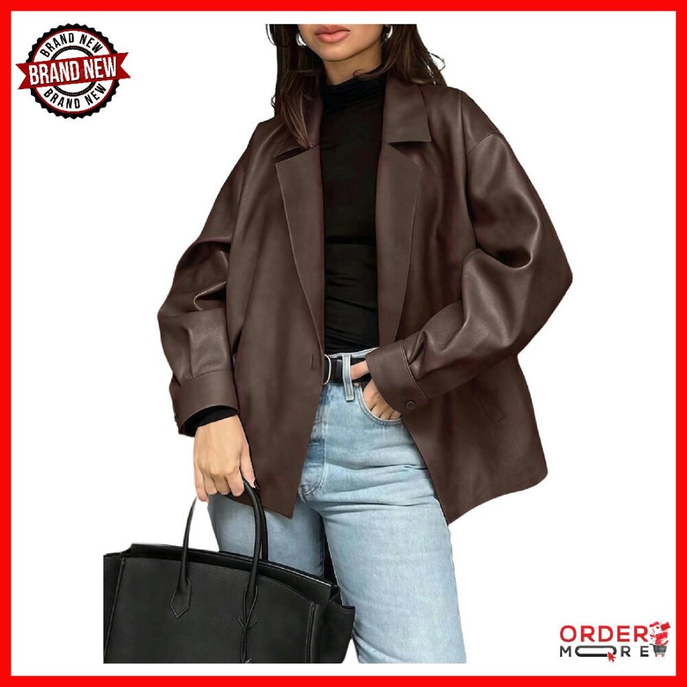 Faux Leather Blazer Oversized Lapel Collar Business Jacket Open Front